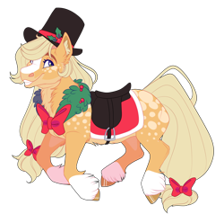 Size: 2000x1900 | Tagged: safe, artist:uunicornicc, applejack, earth pony, pony, blaze (coat marking), bow, cheek fluff, christmas wreath, coat markings, dappled, ear fluff, facial markings, grin, hair bow, hat, heart eyes, holly, neck fluff, saddle, simple background, smiling, socks (coat markings), solo, tack, tail, tail bow, top hat, transparent background, unshorn fetlocks, wingding eyes, wreath