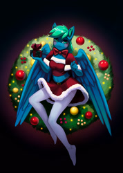 Size: 1778x2500 | Tagged: safe, artist:mrscroup, oc, oc only, oc:emerald, pegasus, anthro, plantigrade anthro, christmas, christmas decoration, christmas wreath, clothes, commission, costume, holiday, large wings, midriff, pantyhose, santa costume, santa dress, socks, solo, stocking feet, wings, wreath, ych result
