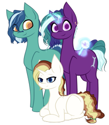 Size: 2148x2467 | Tagged: safe, artist:those kids in the corner, oc, oc:chaos bringer, oc:spark, unnamed oc, earth pony, pony, unicorn, 2022 community collab, derpibooru community collaboration, curly hair, female, hair tie, high res, levitation, lying down, magic, male, mare, pregnant, rattle, simple background, smiling, stallion, standing, telekinesis, transparent background, trio