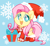 Size: 1000x920 | Tagged: safe, artist:yokokinawa, fluttershy, pegasus, pony, g4, blue background, booties, chibi, christmas, clothes, cute, female, hat, heart eyes, holiday, mare, open mouth, present, santa hat, shyabetes, simple background, snow, snowflake, solo, sweater, sweatershy, white pupils, wingding eyes