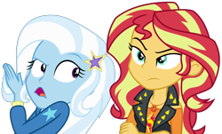 Size: 5359x3231 | Tagged: safe, artist:sketchmcreations, sunset shimmer, trixie, equestria girls, equestria girls specials, g4, my little pony equestria girls: better together, my little pony equestria girls: forgotten friendship, clothes, crossed arms, duo, female, frown, geode of empathy, hoodie, jacket, leaning, magical geodes, open mouth, raised eyebrow, shoulderless, simple background, sunset shimmer is not amused, transparent background, unamused, vector