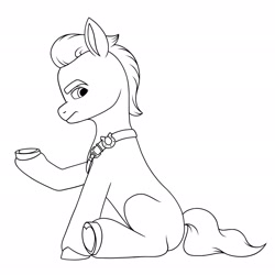 Size: 2048x2048 | Tagged: safe, artist:dancingkinfiend, sprout cloverleaf, earth pony, pony, g5, my little pony: a new generation, angry, badge, belt, black and white, clothes, eyebrows down, frown, grayscale, high res, lineart, male, monochrome, serious, serious face, solo, stallion, tail, wavy hair, wavy mane, wavy tail