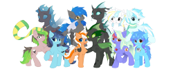 Size: 5000x2000 | Tagged: safe, artist:neverend, oc, oc only, oc:accurate balance, oc:azure sink, oc:chela, oc:freedom melody, oc:frosty illusion, oc:liquid heart, oc:serene secrets, oc:utopia, oc:west wind, oc:zerol acqua, bat pony, changeling, pegasus, pony, unicorn, 2022 community collab, derpibooru community collaboration, :3, accopia, blue pony, blushing, chest fluff, clothes, derp face, female, forked tongue, glance, green changeling, group photo, holding, jewelry, looking at you, male, mare, necklace, orange pony, pendant, plushie, scarf, side hug, simple background, smiling, spread wings, stallion, tongue out, transparent background, white pony, white wings, wide eyes, wings