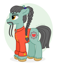Size: 1301x1480 | Tagged: safe, artist:pink-pone, oc, oc:weary bright, earth pony, pony, braid, clothes, facial hair, male, moustache, shirt, solo, stallion, unshorn fetlocks