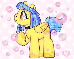 Size: 3411x2733 | Tagged: safe, artist:bunxl, oc, oc:bubble "duckie" bath, pegasus, pony, blowing bubbles, bubble, choker, cute, ethereal mane, female, heart, heart eyes, high res, hooves, mare, smiling, solo, starry eyes, starry mane, starry tail, tail, tiled background, wingding eyes