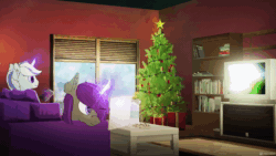 Size: 1920x1080 | Tagged: safe, artist:etheria galaxia, derpibooru exclusive, oc, oc only, oc:etheria galaxia, oc:scratch wub, alicorn, pony, unicorn, alicorn oc, animated, bookshelf, christmas, christmas lights, christmas tree, cinemagraph, cookie, couch, drink, drinking, duo, female, food, gaming, glasses, glowing, glowing horn, holiday, horn, indoors, levitation, magic, male, mare, milk, pepsi, plate, present, room, ship:scratchtheria, shipping, snow, snowfall, soda, stallion, telekinesis, tree, webm, window