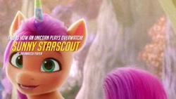 Size: 720x405 | Tagged: safe, edit, edited screencap, screencap, sunny starscout, earth pony, pony, g5, my little pony: a new generation, spoiler:my little pony: a new generation, fake horn, female, mare, overwatch, play of the game