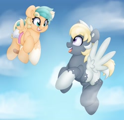 Size: 4096x3943 | Tagged: safe, artist:duckie, oc, oc:sun light, pegasus, pony, bandaid, cloud, cloudy, colt, diaper, female, filly, flying, foal, looking at each other, looking at someone, male, stallion