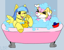 Size: 2048x1608 | Tagged: safe, artist:magicdawolfy, oc, oc:bubble "duckie" bath, pegasus, pony, anthro, arm hooves, bath toy, bathing, bathing together, bathroom, bathtub, boat, bubble bath, furry, furry oc, hooves, rubber duck, tongue out