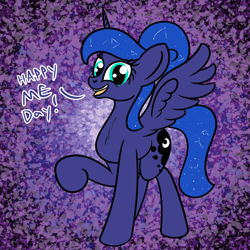 Size: 2000x2000 | Tagged: safe, artist:dafiltafish, princess luna, alicorn, pony, equestria daily, g4, abstract background, casual luna, chest fluff, female, high res, luna day, mare, ponytail, solo, text