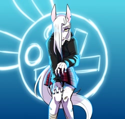 Size: 1072x1020 | Tagged: safe, artist:redxbacon, oc, oc:rubber bunny, anthro, bandage, bandaid, clothes, female, hair over one eye, hoodie, self harm scars, skirt, solo