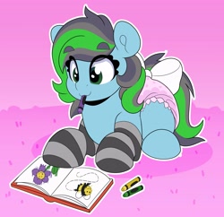 Size: 3757x3632 | Tagged: safe, artist:duckie, oc, oc:aspen, earth pony, pony, abdl, age regression, bow, clothes, coloring, coloring book, crayon, diaper, diaper fetish, eye clipping through hair, eyebrows, eyebrows visible through hair, fetish, high res, lying down, non-baby in diaper, socks, solo, striped socks, tail, tail bow