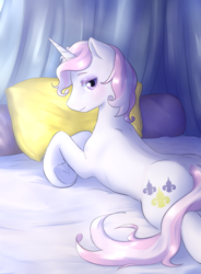 Size: 3349x4555 | Tagged: safe, artist:aquoquoo, fleur-de-lis, pony, unicorn, g4, bed, bedroom eyes, flavien-de-los, high res, looking at you, looking back, looking back at you, lying down, male, on bed, pillow, prone, rule 63, solo, stallion, underhoof