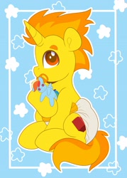 Size: 2568x3584 | Tagged: safe, artist:duckie, rainbow dash, oc, pony, unicorn, g4, abdl, button eyes, diaper, eyebrows, high res, looking at you, pacifier, plushie, sitting, solo