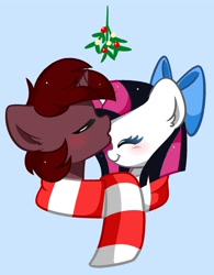Size: 1452x1864 | Tagged: safe, artist:kittyrosie, oc, pony, unicorn, blushing, bow, clothes, commission, cute, duo, eyes closed, hair bow, holly, horn, kiss on the head, kissing, mistleholly, oc x oc, ocbetes, scarf, shared clothing, shared scarf, shipping, simple background, striped scarf, unicorn oc, ych result