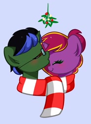 Size: 1425x1922 | Tagged: safe, artist:kittyrosie, oc, oc only, oc:diamond-chi, oc:thunderspeak, pony, unicorn, blushing, clothes, commission, cute, duo, eyes closed, female, glasses, holly, horn, kiss on the head, kissing, male, mistleholly, oc x oc, ocbetes, scarf, shared clothing, shared scarf, shipping, simple background, straight, striped scarf, thunderchi, ych result
