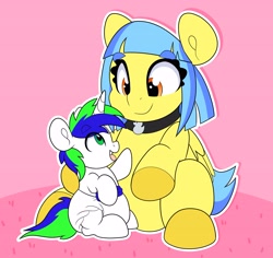 Size: 4000x3769 | Tagged: safe, artist:duckie, oc, oc only, oc:bubble "duckie" bath, pegasus, pony, unicorn, abdl, age regression, choker, colored hooves, diaper, duo, eye clipping through hair, eye contact, eyebrows, eyebrows visible through hair, foal, folded wings, hooves, horn, looking at each other, looking at someone, open mouth, orange eyes, outline, pegasus oc, sitting, smiling, tail, tongue out, two toned mane, two toned tail, unicorn oc, white outline, wings