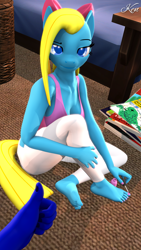 Size: 2160x3840 | Tagged: safe, artist:kenaga, oc, oc:cuteamena, oc:electric blue, anthro, plantigrade anthro, 3d, anthro oc, barefoot, bedroom, blue skin, breasts, clothes, couple, electricute, feet, female, fetish, frown, grumpy, high res, leggings, looking at you, male, male pov, nail polish, offscreen character, offscreen male, pink nail polish, pov, raised eyebrow, shipping, sitting, solo focus, suspicious, thumbs up, toenail polish, toes, unamused, yellow hair