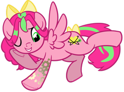 Size: 2843x2110 | Tagged: safe, artist:khimi-chan, oc, oc only, pegasus, pony, bow, eyelashes, female, hair bow, high res, mare, one eye closed, pegasus oc, simple background, solo, tail, tail bow, tattoo, transparent background, underhoof, wings, wink