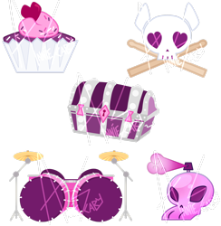 Size: 2420x2477 | Tagged: safe, artist:khimi-chan, oc, oc only, chest, cupcake, cutie mark, cutie mark only, drums, food, high res, musical instrument, no pony, simple background, skull, transparent background