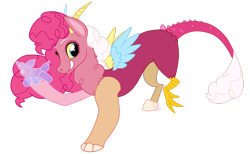 Size: 3122x1921 | Tagged: safe, artist:khimi-chan, oc, oc only, draconequus, draconequus oc, female, grin, interspecies offspring, mismatched horns, mismatched wings, offspring, parent:discord, parent:pinkie pie, parents:discopie, simple background, smiling, solo, transparent background, wings