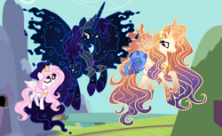 Size: 1466x900 | Tagged: safe, artist:gihhbloonde, princess celestia, princess luna, oc, alicorn, pony, g4, alicorn oc, base used, eyelashes, female, horn, outdoors, pink-mane celestia, royal sisters, siblings, sisters, smiling, wings, young celestia, young luna