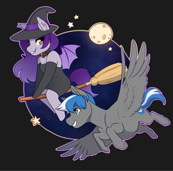 Size: 2576x2550 | Tagged: safe, artist:royvdhel-art, oc, oc only, oc:belle nuit, oc:cloud zapper, bat pony, pony, anthro, unguligrade anthro, anthro with ponies, bat pony oc, bat wings, broom, choker, commission, duo, female, flying, flying broomstick, full moon, hat, high res, male, mare, moon, stallion, wings, witch hat, ych result