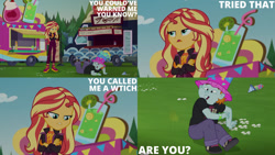 Size: 1280x720 | Tagged: safe, edit, edited screencap, editor:quoterific, screencap, snips, sunset shimmer, equestria girls, equestria girls specials, g4, my little pony equestria girls: better together, my little pony equestria girls: sunset's backstage pass, crossed arms, duo, female, male, music festival outfit, open mouth, unamused