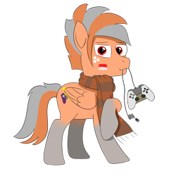 Size: 1200x1200 | Tagged: safe, artist:habiepon3, oc, oc only, oc:habie hardcores, pegasus, pony, 2022 community collab, derpibooru community collaboration, base used, clothes, controller, looking at you, male, scarf, simple background, smiling, solo, transparent background