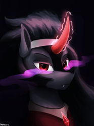 Size: 1000x1346 | Tagged: safe, artist:vezja, king sombra, pony, unicorn, g4, bust, clothes, crystal, curved horn, eye mist, fangs, glowing, glowing horn, horn, looking at you, magic, male, palindrome get, portrait, simple background, solo, stallion