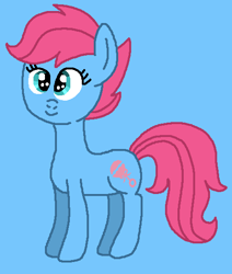 Size: 465x548 | Tagged: safe, artist:brobbol, baby cuddles, earth pony, pony, g1, g4, baby, baby pony, blue background, cuddlebetes, cute, female, filly, full body, g1 to g4, generation leap, ms paint, paint.net, pink mane, pink tail, simple background, smiling, solo, standing, tail