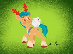 Size: 1080x810 | Tagged: safe, artist:allisonpopick, part of a set, cloudpuff, hitch trailblazer, earth pony, pony, g5, my little pony: a new generation, antlers, chibi, christmas, critter magnet, cute, hitchbetes, holiday