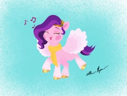 Size: 1080x810 | Tagged: safe, artist:allisonpopick, part of a set, pipp petals, pegasus, pony, g5, my little pony: a new generation, adorapipp, chibi, christmas, clothes, cute, eyes closed, holiday, music notes, scarf, singing, solo