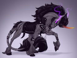 Size: 2000x1500 | Tagged: safe, artist:dementra369, king sombra, horse, pony, unicorn, g4, accessory, armband, clothes, curved horn, ear piercing, earring, facial hair, fangs, horn, horn band, horseshoes, jacket, jewelry, leather jacket, leonine tail, looking at you, male, necklace, pentagram, piercing, raised hoof, satanic, solo, sombra eyes, spiked wristband, spikes, stallion, tail, tail band, unshorn fetlocks, wristband