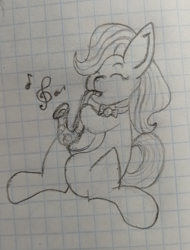 Size: 1840x2424 | Tagged: safe, artist:kanw, beauty brass, earth pony, pony, g4, bowtie, graph paper, monochrome, music notes, musical instrument, newbie artist training grounds, photo, playing instrument, saxophone, sitting, solo, traditional art