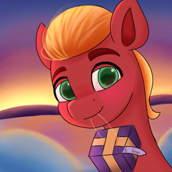 Size: 2100x2100 | Tagged: safe, artist:pipp_petal, sprout cloverleaf, earth pony, pony, g5, my little pony: a new generation, cute, high res, male, present, smiling, snow, solo, sproutbetes, stallion, sunset, when he smiles