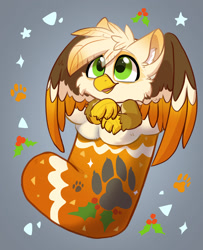 Size: 1731x2132 | Tagged: safe, artist:oofycolorful, oc, oc only, oc:ember burd, griffon, beak, chibi, christmas, christmas stocking, colored wings, commission, cute, eared griffon, feather, gradient wings, griffon oc, holiday, holly, male, multicolored wings, ocbetes, paw prints, solo, talons, wings, ych result