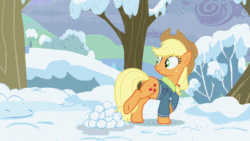 Size: 536x302 | Tagged: safe, edit, edited screencap, screencap, applejack, earth pony, pony, g4, season 5, tanks for the memories, animated, applebutt, applejack's hat, butt, clothes, coat, cowboy hat, female, gif, hat, mare, open mouth, open smile, plot, reversed, smiling, snow, snowball, solo, tree, winter outfit