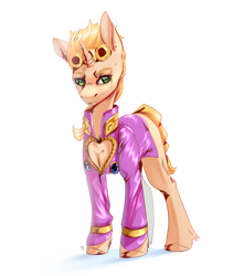 Size: 1313x1487 | Tagged: safe, artist:adamange1, pony, unicorn, anime, blonde hair, blonde mane, boob window, bottomless, braid, braided tail, clothes, giorno giovanna, green eyes, heart shaped boob window, horn, jojo's bizarre adventure, male, missing cutie mark, partial nudity, ponified, stallion, standing, tail, yellow hair, yellow mane