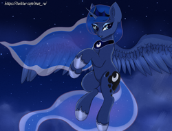 Size: 1552x1188 | Tagged: safe, artist:munrei, princess luna, alicorn, pony, g4, cloud, crown, female, horn, jewelry, mare, night, regalia, smiling, solo, wings