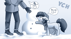 Size: 1438x800 | Tagged: safe, artist:28gooddays, human, pony, clothes, monochrome, snow, snowman, winter, winter outfit, ych example, ych sketch, your character here