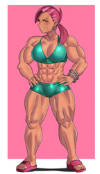Size: 800x1392 | Tagged: safe, artist:tzc, babs seed, human, g4, abs, abs seed, alternate hairstyle, belly button, clothes, dark skin, ear piercing, earring, feet, female, fetish, grin, humanized, jewelry, muscle fetish, muscles, muscular female, older, older babs seed, piercing, sandals, shorts, smiling, solo, sports bra, sports shorts