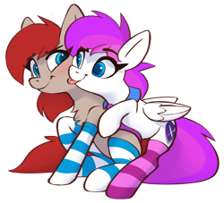 Size: 2939x2671 | Tagged: safe, artist:sharemyshipment, oc, oc only, oc:lavanda, oc:ponepony, earth pony, pegasus, pony, 2022 community collab, derpibooru community collaboration, clothes, couple, duo, duo female, earth pony oc, female, folded wings, high res, lesbian, mare, oc x oc, pegasus oc, ponelav, shipping, simple background, socks, stockings, striped socks, thigh highs, tongue out, transparent background, wings
