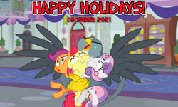 Size: 2064x1242 | Tagged: safe, artist:jeatz-axl, artist:not-yet-a-brony, apple bloom, gabby, scootaloo, sweetie belle, earth pony, griffon, pegasus, pony, unicorn, g4, 2021, bear hug, christmas, christmas eve, cutie mark crusaders, december, friendship, friendship tutors, happy holidays, hearth's warming, hearth's warming eve, holiday, hug, new years eve, school of friendship
