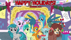 Size: 2063x1161 | Tagged: safe, artist:cheezedoodle96, artist:not-yet-a-brony, edit, gallus, ocellus, sandbar, silverstream, smolder, swift foot, yona, changeling, dragon, earth pony, griffon, hippogriff, pony, thracian, yak, g4, 2021, christmas, christmas eve, december, decoration, feats of friendship, friendship, group, group shot, happy holidays, hearth's warming, hearth's warming eve, holiday, new year, new years eve, reunion, school of friendship, student seven, student six, youtube link in the description
