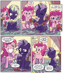 Size: 1880x2177 | Tagged: safe, artist:michela cacciatore, idw, pinkie pie, violet shiver, earth pony, pony, g4, my little pony: generations, spoiler:comic, spoiler:comicgenerations03, blushing, female, heart eyes, magic, smiling, streamers, wingding eyes