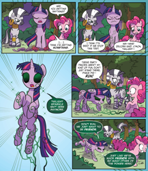 Size: 1865x2145 | Tagged: safe, artist:michela cacciatore, idw, pinkie pie, twilight sparkle, zecora, alicorn, earth pony, pony, zebra, g4, my little pony: generations, spoiler:comic, spoiler:comicgenerations03, chase, eyes closed, female, gritted teeth, possessed, trio, trio female, twilight sparkle (alicorn)