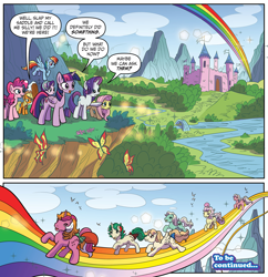 Size: 1855x1920 | Tagged: safe, artist:michela cacciatore, idw, applejack, fluttershy, galaxy (g1), gusty, lofty, minty, minty (g1), pinkie pie, rainbow dash, rarity, rosedust, starlight glimmer, twilight sparkle, alicorn, butterfly, earth pony, pegasus, pony, unicorn, g1, g4, my little pony: generations, spoiler:comic, spoiler:comicgenerations03, bridge, dream castle, female, mane six, mountain, rainbow, sky, twilight sparkle (alicorn), water