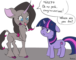 Size: 1024x815 | Tagged: safe, artist:hyakuen, oleander (tfh), twilight sparkle, classical unicorn, pony, unicorn, them's fightin' herds, g4, blushing, cloven hooves, community related, concave belly, cross-popping veins, crossover, duo, female, height difference, horn, leonine tail, mare, misunderstanding, not pregnant, physique difference, simple background, slender, thin, twilight sparkle is not amused, unamused, unicorn twilight, unshorn fetlocks