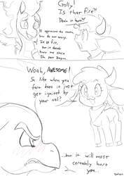 Size: 1763x2489 | Tagged: safe, artist:hyakuen, arizona (tfh), tianhuo (tfh), cow, dragon, hybrid, longma, them's fightin' herds, angry, blushing, cloven hooves, comic, community related, embarrassed, fart joke, female, fire, implied farting, monochrome, simple background, this will end in pain, toilet humor